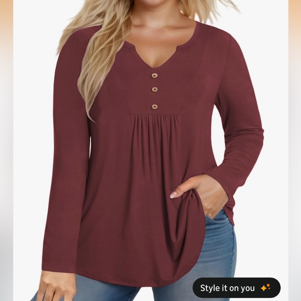 plus size Dressy-Tops V Neck Flowy Pleated Long Sleeve Tunic size 2XL
